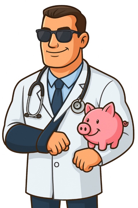 Doctor Iggy wearing a white coat and stethoscope
