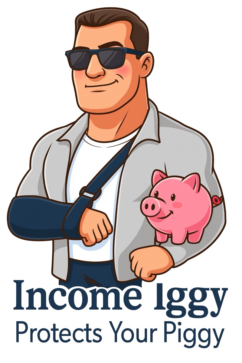 Income Iggy, wearing sunglasses and holding a pink piggy bank. The artwork reads “Income Iggy Protects Your Piggy.”