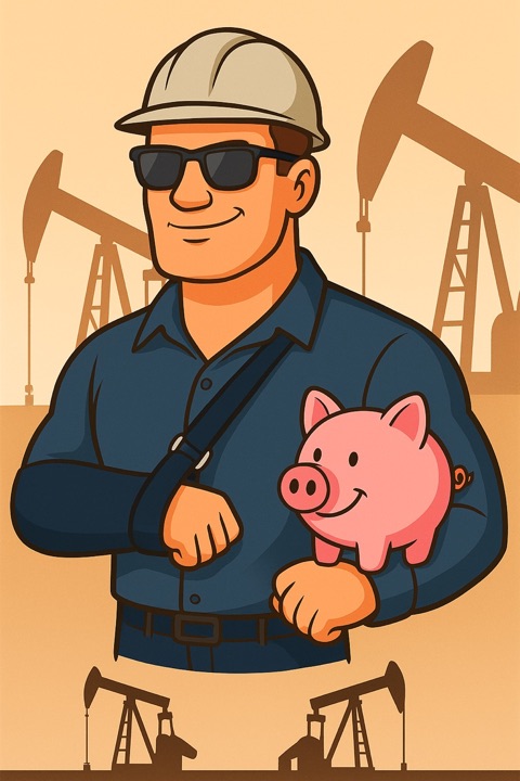 Oilman Iggy in a hard hat and work shirt, with oil pumpjacks behind him